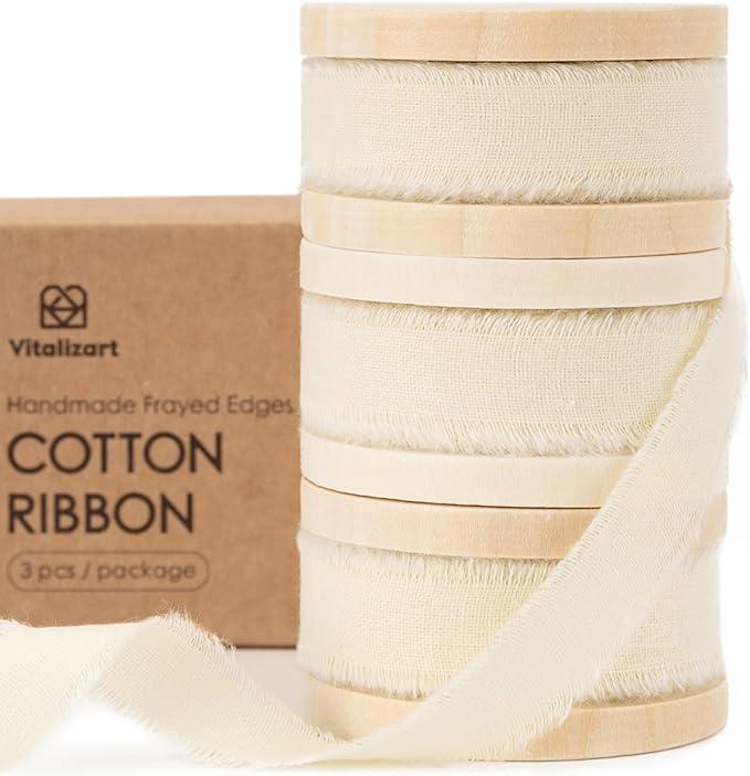 Vitalizart White Cotton Ribbon Handmade Fringe 5/8" x 21 Yd Cream Pure Natural Cotton Ribbons for Gift Wrapping Wedding Invites Bridal Shower Bouquets Holiday Decor