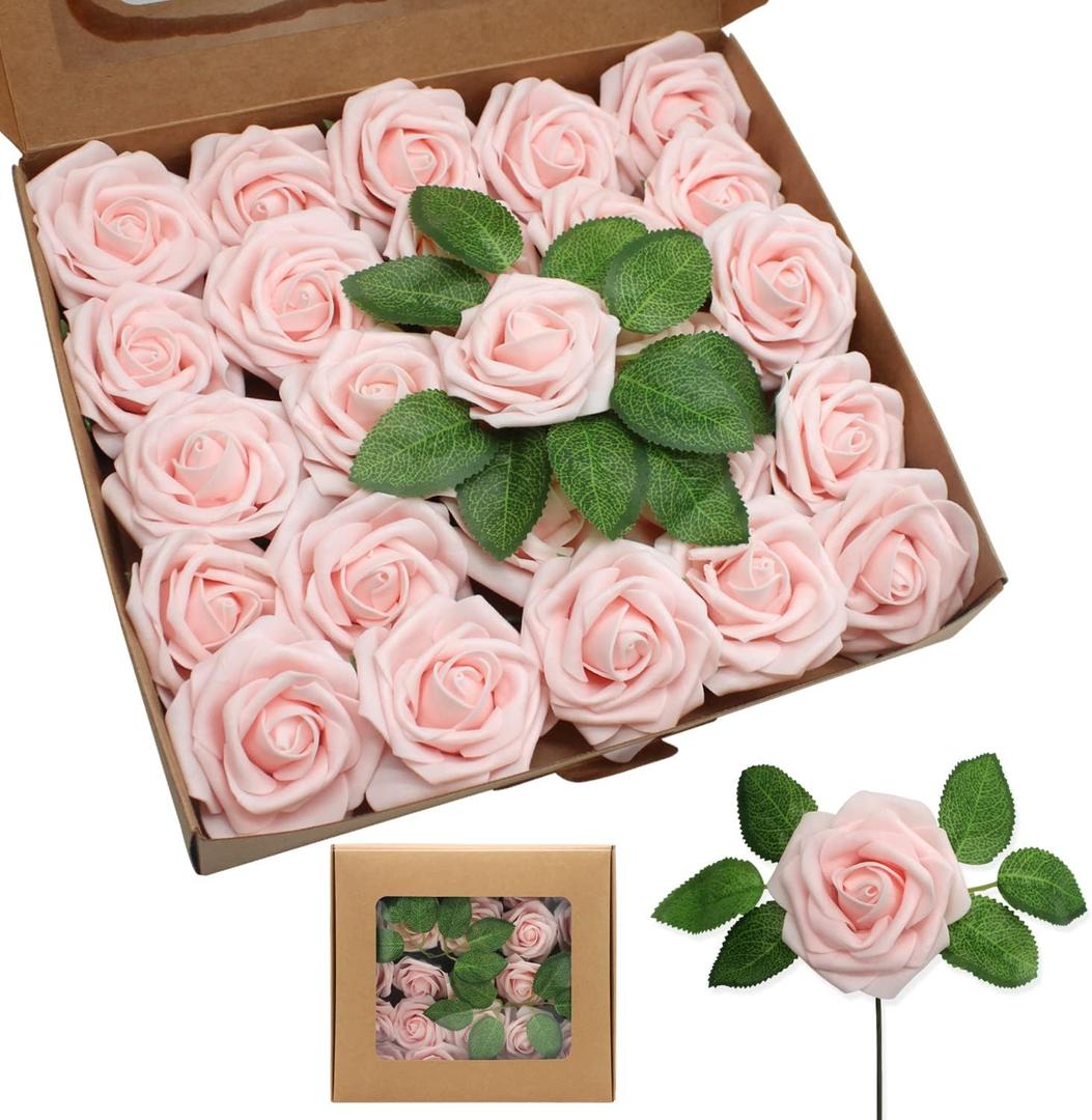 ZAMMAZ Artificial Roses Flowers 100pcs Blush Pink Real Looking Foam Fake Roses with Stems for DIY Wedding Bouquets Bridal Shower Centerpieces Party Decorations, Light Pink