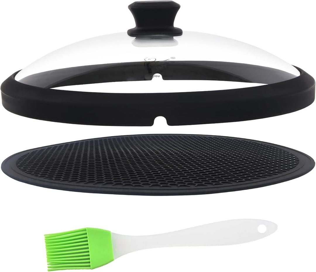 Glass Microwave Cover for Food 10.5 Inch Microwave Splatter Cover With Easy Grip Meteorite Shape Handle Microwave Cover Glass Guard Lid Vented Edge Plate Cover for Heating Food (Black)