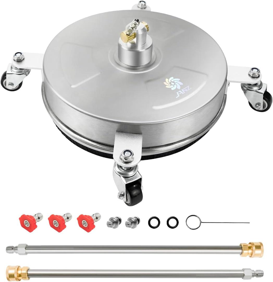 janz 14" Pressure Washer Surface Cleaner with 4 Wheels, Stainless Steel Housing, 1/4" Quick Plug, 2 Extension Wands, 2 Replacement Nozzles and 3 Spray Nozzles, 4000 PSI (14 Inch)