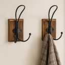 2-Pack Rustic Wood Wall Hooks - Wall Mounted or Adhesive Coat Rack for Bathroom Towels Robes - Farmhouse Modern Decorative Entryway Hangers for Hats Keys Purses Bags, Brown