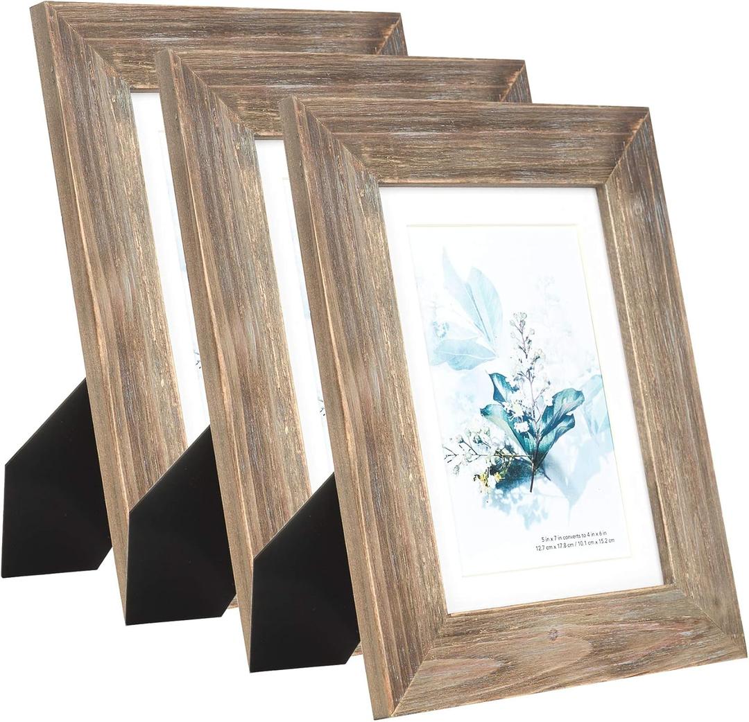 KAIWIN 100% Solid Wood Brown 5x7 Picture Frame Pack of 3 - Display Picture 4x6 with Mat, HD Glass Inside, Rustic Wooden Photo Frames for Table Top and Wall Mounting