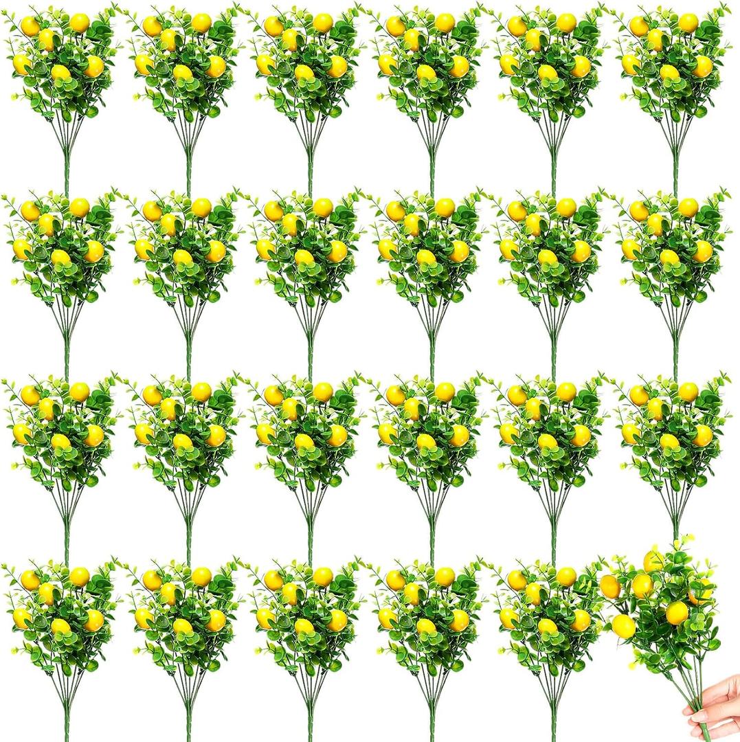 Tigeen 24 Pack Lemon for Decoration Fake Lemon Branches Artificial Vivid Yellow Faux Lemons Tables Centerpiece for Kitchen Stem Fruits for Home Spring Summer Decor