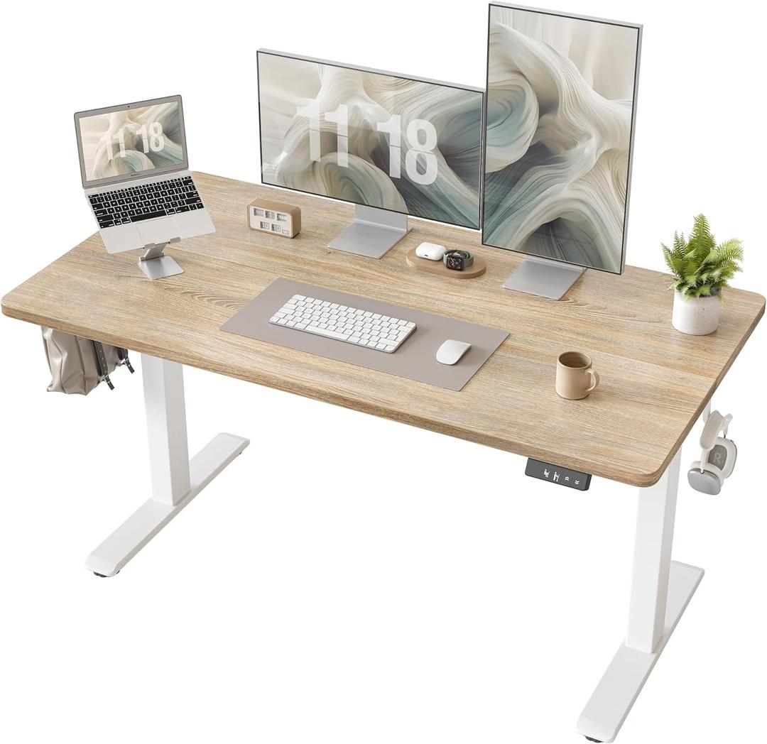 TIQLAB Electric Height Adjustable Standing Desk 47.223.6 inch, Sit Stand Desk with Splice Board, Memory Controller, White Frame & Maple Top Computer Workstation for Home Office
