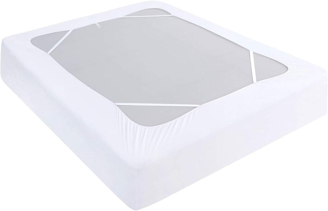 Box Spring Cover Full Size, Elastic Fabric Wrap Around 4 Sides Bed Skirt, Sleek Alternative for Bed Skirts for Hotel/Home, Fits Box Springs up to 13, White