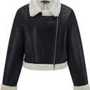 Faux Fur Leather Jacket Women Sherpa Lined Shearing Coat | thick sherpa fur lined,turn down collar,zip front,fur trim pockets,warm winter outerwear,women moto faux leather coat (Black, S)
