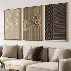 Large 3D Textured Framed Boho Neutral Abstract Wall Art for Living Room, 3 Piece Modern Artwork for Walls, Minimalist Beige Brown Tan Geometric Paintings for Hallway, Stair, Office Wall Decor 24x36 In, 24"W x 36"H x 3Pcs