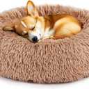 DUMOS Calming Donut Cat & Dog Bed for Small Dogs, Machine Washable Cuddle Warming Cozy Fluffy Faux Fur Plush Round Dog Bed, Anti-Anxiety Waterproof Anti-Slip Pet Bed, Brown, 20x20x8 Inches