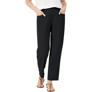 keriffe Linen Casual Pants for Women High Waist Elastic Summer Beach Vacation Outfits with Pockets (Black, M)