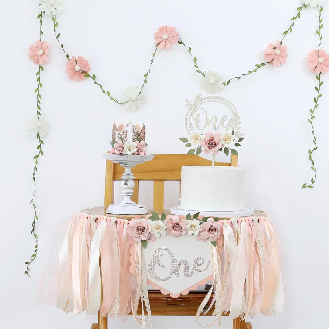 First Birthday Decorations For Girl Light Pink High Chair Banner One Flower Cake Topper Floral Hat Wildflower Garland 1st Birthday Decoration Supplies (Orange)