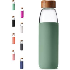 veegoal 25 Oz Borosilicate Glass Water Bottles with Bamboo Lid, BPA-FREE, Non-Slip Silicone Sleeve, and Stainless Steel Leak Proof Lid - Reusable Glass Bottle for Men and Women (Olive)
