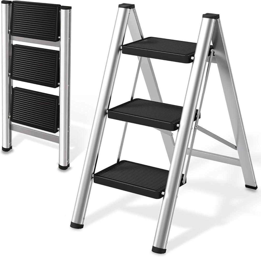 3 Step Ladder, Folding Step Stool for Adults with Wide Anti-Slip Pedals, Portable Step Ladder for Kitchen/Closet/Garage, Steel Multi-use Foldable Stepstool for Home 330 Lbs