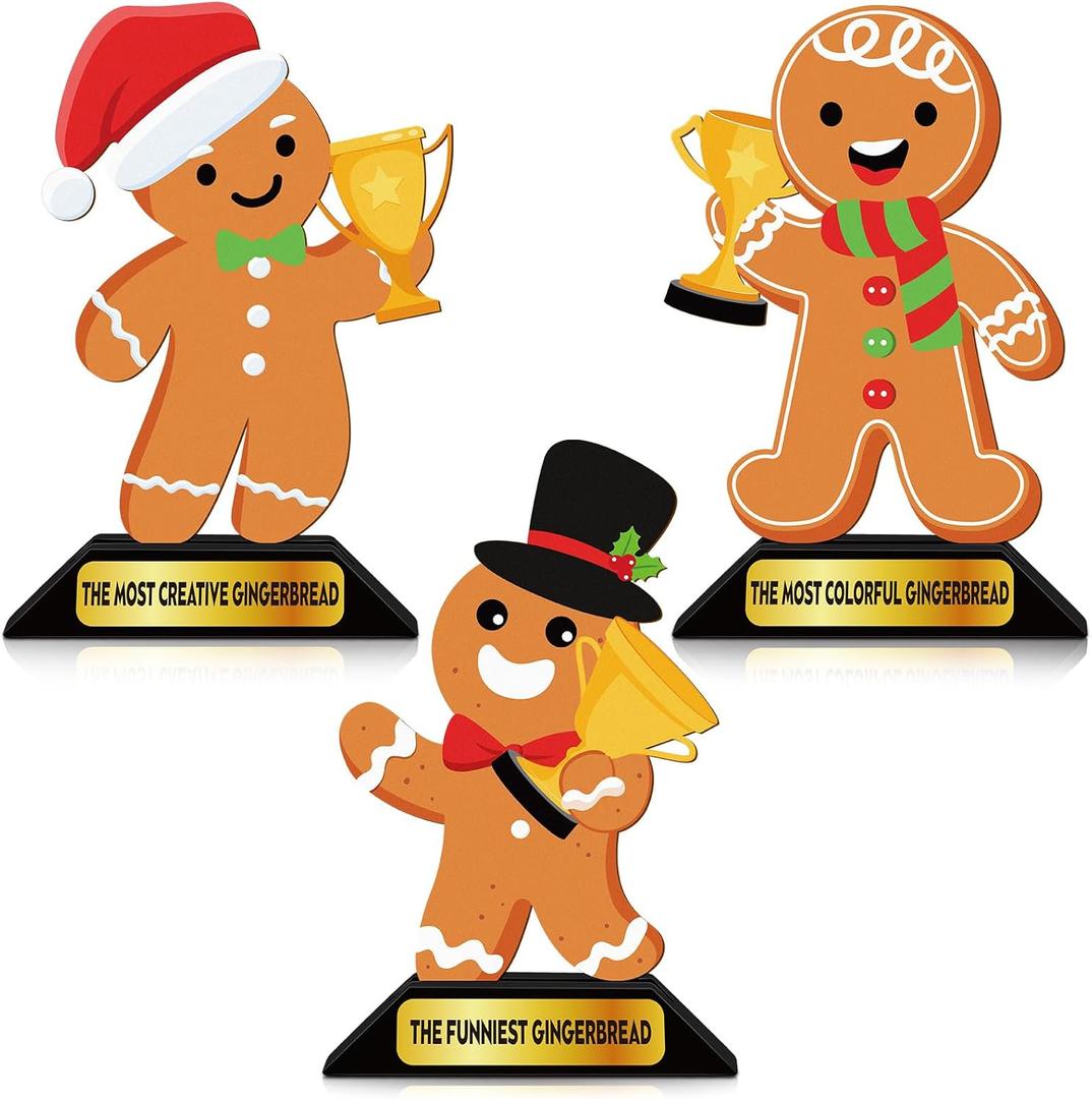 3 Pcs Christmas Gingerbread Man Contest Trophy 6.1 Inch Wooden Gingerbread Man Decorating Kit Funny Party Trophies Gingerbread House Awards for Christmas Xmas Decorations