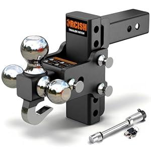 ORCISH Adjustable Rotating Trailer Hitch, 4-in-1 Tri-Ball & Tow Hook, 360° Swivel Ball Mount, 2.5" Receiver with 5" Drop/ Rise, Ball Sizes: 1-7/ 8", 2", 2-5/ 16", Anti-Theft Lock, Fits Truck SUV RV