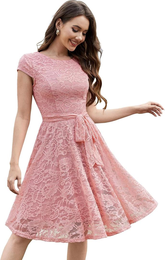 MUADRESS Women's Lace Cocktail Wedding Party Dress (XX-Large, Round Neck-Blush)