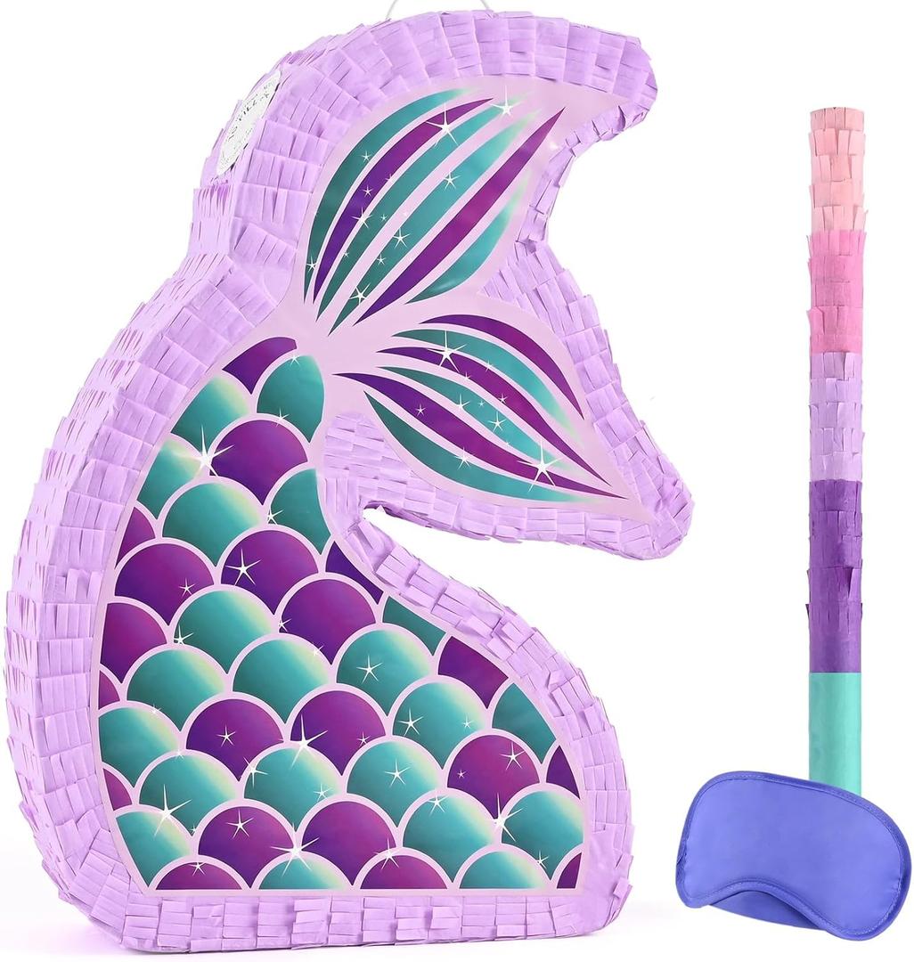 WERNNSAI Mermaid Piata - Mermaid Party Supplies Piata Bundle with Blindfold and Bat for Girls Kids Ocean Theme Birthday Party Game Carnival Activity Decorations (16.7" x 12.2" x 3.1")