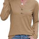 Women Button Down Henley Shirts V Neck Long Sleeve Fashion Dressy Casual Tops Trendy Blouses Loose Fit Tunic (Beige, M)