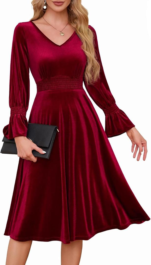 Meetjen Women's Velvet Midi Dress V Neck Long Sleeve Elastic Waist Smocked Elegant Cocktail Party Dresses 2025 (S, Dark Red)
