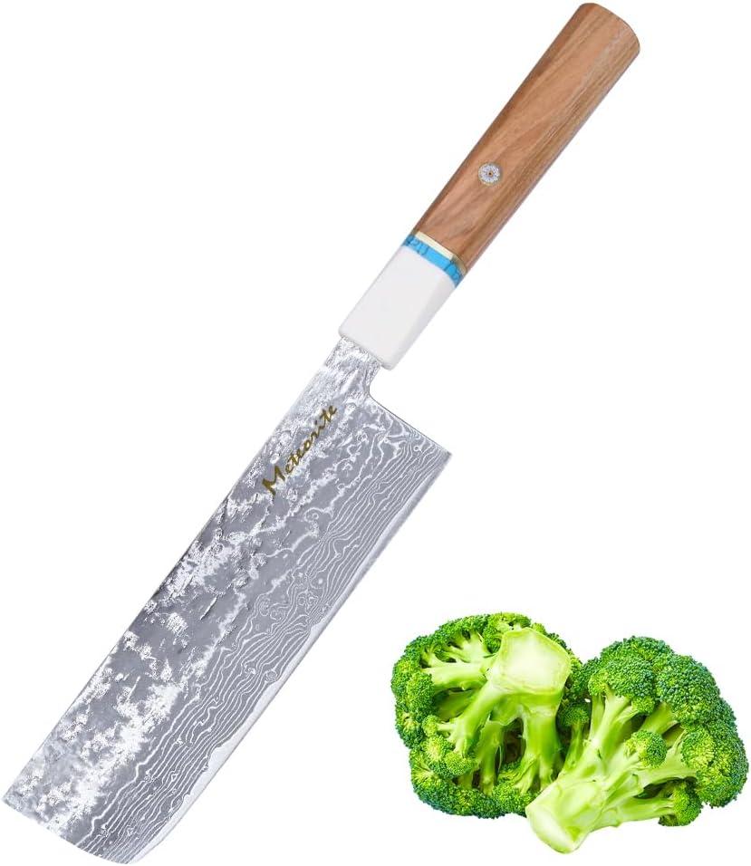 Meteorite Nakiri Japanese Vegetable Knife, For Precision Veggie Prep, Hand-Hammered Starry Damascus, Convex Grind Edge, Olive Wood Handle Gourmet Gift IceRaven 7 Inch
