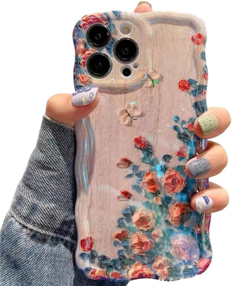 Compatible with iPhone Case,Cute Laser Flower Floral Wavy Curly Water Ripple Bumper Silicone [Military Drop&Camera Lens Protection] Shockproof Cover Phone Case (Pink,iPhone 17)