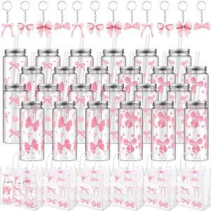Remerry 24 Set Pink Bow Party Favors, Pink Bow Clear Gift Bags with Handle Plastic Cups with Lid and Straw 13.5 Oz, Acrylic Keychains for Coquette Birthday Party Bridal Shower Gifts