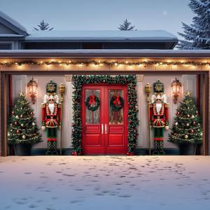 Garage Door Christmas Decorations Outdoor, Large Xmas Nutcracker Soldiers Welcome Scene Christmas Garage Door Cover for 7 x 16 Ft, Rustic Vintage Buddy Christmas for Home Wall Patio Yard Outside