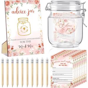 Jetec 74 Pcs Advice and Wishes for The Mr and Mrs 60 Pcs Wedding Advice Cards Advice and Wishes Jar Box Bridal Shower Advice and Wishes Cards for Bride and Groom Bridal Shower Decor(Pink Floral)