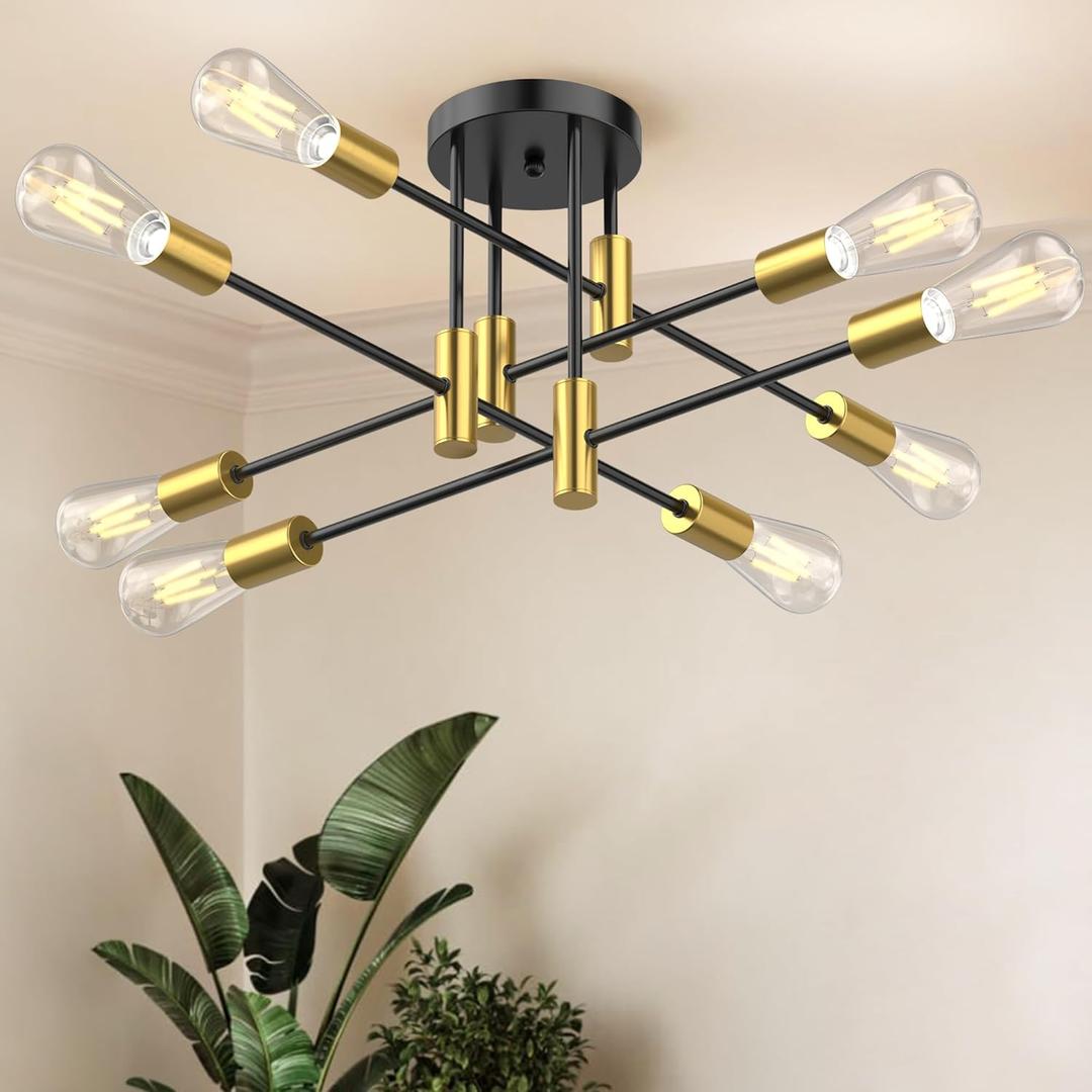 Modern Sputnik Chandelier Ceiling Light Fixture, 8-Light Mid Century Industrial Semi Flush Mount Light for Dining Room, Kitchen Island, Bedroom, Living Room, Matte Black and Gold, Adjustable Arms