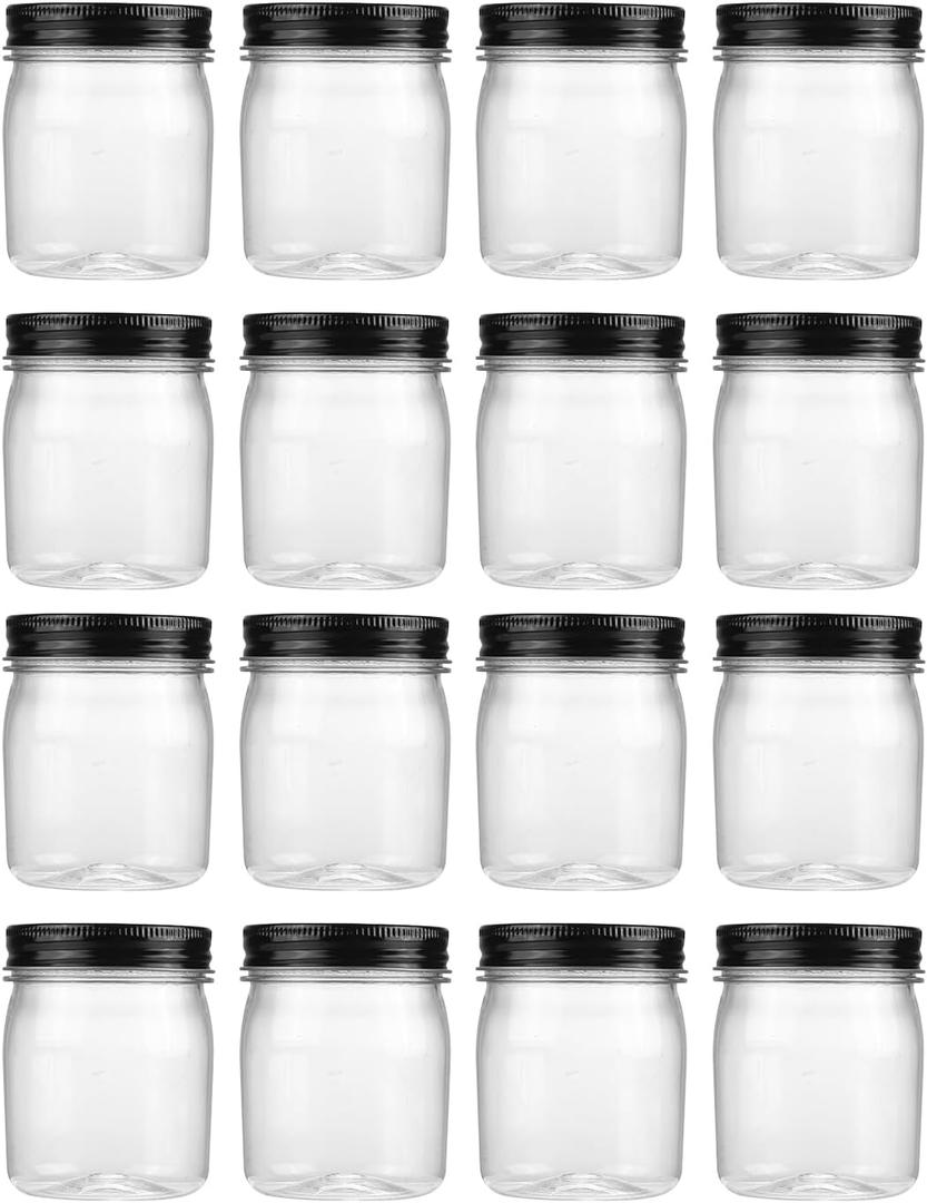 novelinks 8 oz Clear Plastic Jars with Airtight Lids, 16 Pack Plastic Mason Jars with Lids 8oz, Refillable Storage Slime Containers & Small Spice Jar for Kitchen Organization (16 Pack, Black)