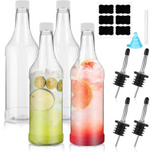 Dandat 32 oz Plastic Long Neck Bottles with Pourer and Caps Plastic Juice Pour Bottles with Stainless Steel Pourer Tapered Spout for Liquor Juice(Silver,8 Pcs)