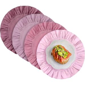 Set of 4 Dusty Pink Round Ruffle Placemats 15 Inch 100% Cotton Boho Scalloped Placemats Washable Cloth Table Mats for Kitchen Dining Wedding Baby Shower Party Table Decor