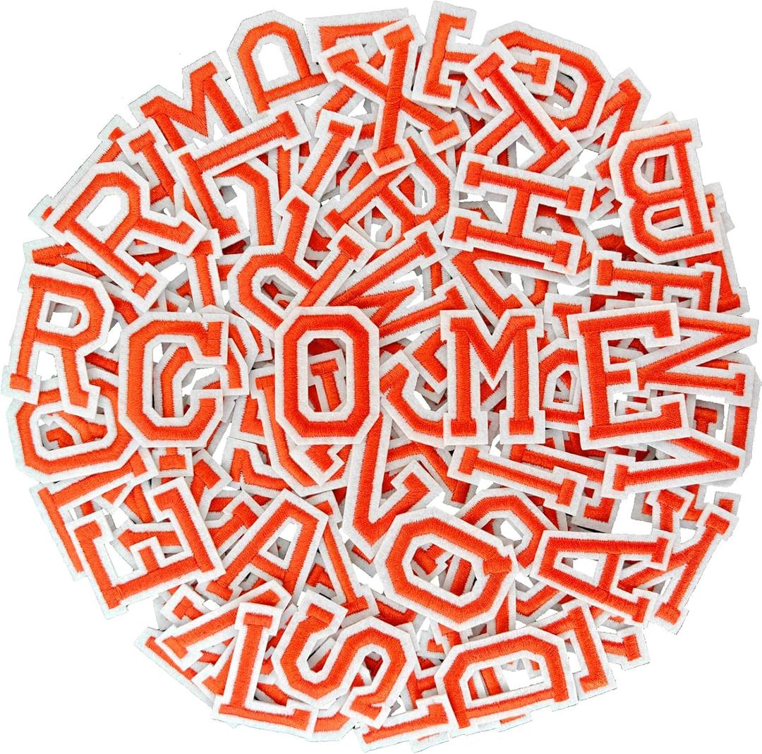 104pcs Orange Iron on Letters Patches, Embroidery Fabric Letters Applique Patch for Clothing, Jackets, Jeans, Hats, Backpacks, Socks