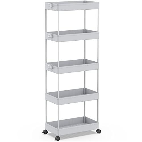 SPACEKEEPER 5-Tier Rolling Cart, Bathroom Storage Organizer Utility Cart, Mobile Shelving Unit Slide Out Shelves for Kitchen Living Room Laundry Room & Dressers,Gray