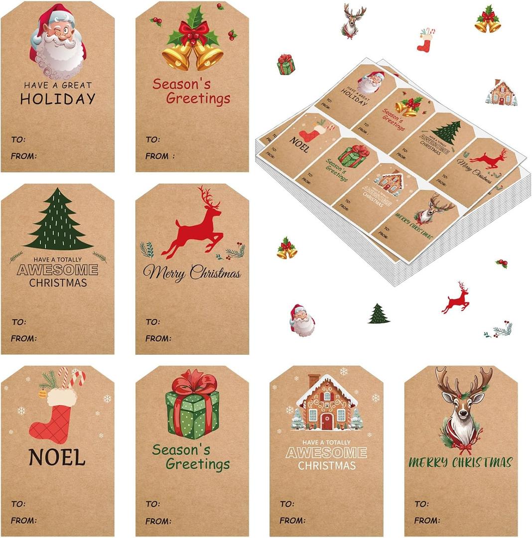 Christmas Gift Tags Stickers, Natural Kraft Gift Label Sticker for Christmas Presents, 120 Pcs Self Adhesive to and from Name Tags, 2 x 3 Inch Christmas Name Stickers for Gifts Boxes Wrapping Paper