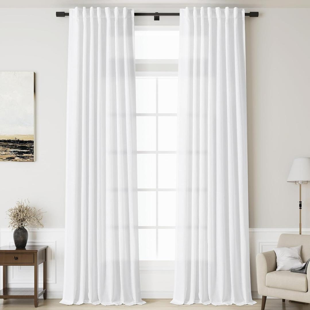 Nanspring White Linen Curtains 168 Inches Long Back Tab Extra Long Curtains for Living Room Farmhouse Light Filtering Semi Sheer Linen Drapes Ceiling to Floor for Large Window 2 Panels Set 52x168