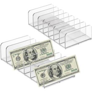 2 Pack Large Acrylic Money Organizer Cash Trays,7 Section 6.7"x4.9"x1.7" Dividers Money Organizer,Eyeshadow Makeup Palette Organizer,Clear Bill Money Organizer for Cash Envelope Card(Large)