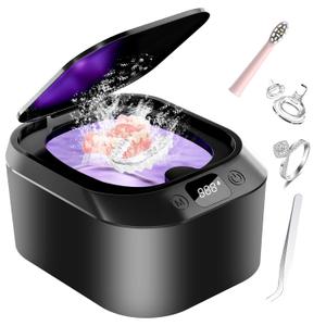 Ultrasonic Retainer Cleaner, Portable Professional Denture Cleaning Machine, 46kHz 220ML Dental Clean for Dentures, Aligner, Braces, Mouth Guards, Toothbrush Head, Jewelry (Black)