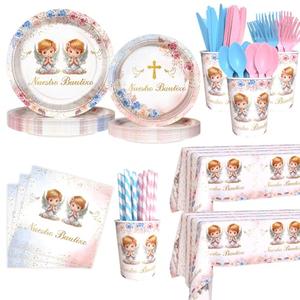 AIBIIN 194 Pcs Boho Nuestro Bautizo Baptism Party Decorations Supplies Twins First Holy Communion Party Decorations God Bless Disposable Tableware Set with Plates Napkins and Tablecloth Serves 24