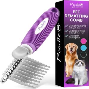 Poodle Dematting Fur Rake Comb Brush for Dogs and Cats - Long 2.5" Steel Safety Blades Metal Comb for Detangling Matted or Knotted Undercoat Hair (Purple)