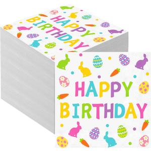 2 x 50 Pcs Easter Bunny Birthday Party Supplies 6.5 x 6.5 Inch Folded 3 Ply Bunny Birthday Disposable Paper Napkins for Easter Rabbit Egg Baby Shower Party Supplies