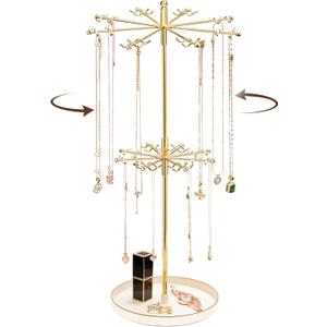2 Tier Rotating Necklace Holder Jewelry Stand, Necklace Holder Organizer with 64 Hooks, Metal Spinning Jewelry Display Stand for Long Necklace Earring Bracelet Craft Tree Stand for Women Gold