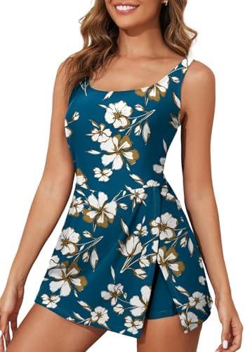 Aleumdr One Piece Swim dress Swimsuit for Women Tummy Control Split Swim Dress Skirt Bathing Suit with Pockets, M