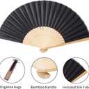 Sepwedd 50pcs Black Imitated Silk Fabric Bamboo Folded Hand Fan Bridal Dancing Props Church Wedding Party Favors with Organza Bags