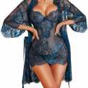 RSLOVE Lingerie Sets for Women Sexy - 3 Piece Babydoll Lace Kimono Robe Chemise Nightwear Exotic Sleepwear Mesh Nightgown (Medium, Peacock Blue)