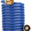 Heavy-Duty EVA Coil Garden Hose with GHT Solid Brass Fittings, Water Hose with Brass Connectors, for Garden Lawn Watering, Car Washing (10FT, Blue)