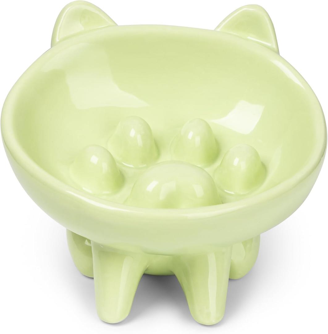 Ceramic Slow Feeder Bowl, Elevated CAT & Dog Slow Feeder, Wide-Mouth, PAW Design, Stylish Design, for Fast Eaters, Non Slip, Pets, Small & Medium Sized Breeds, (Green)