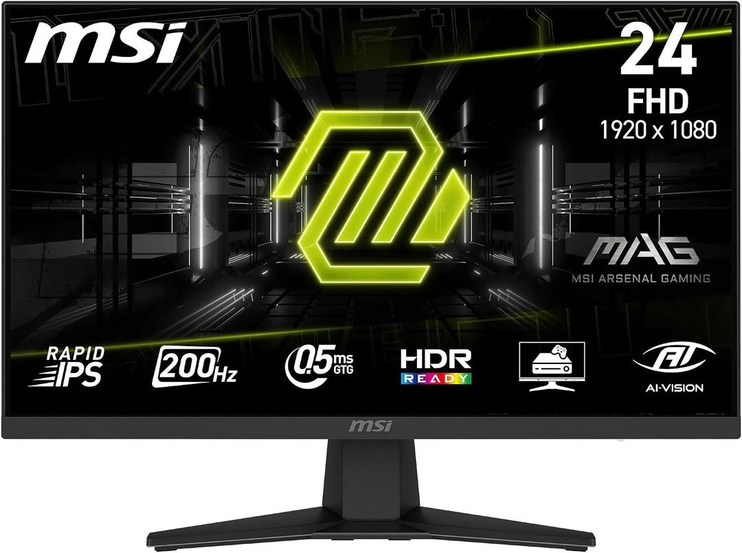MSI MAG 244F 24' FHD (1920 x 1080) IPS Gaming Monitor, 200Hz, 0.05ms GTG, HDR Ready, AMD FreeSync Premium, Eye Care, AI Vision, Tilt Adjustable, Frame-Less, HDMI 2.0b & DP 1.2a, Vesa Mount, Black