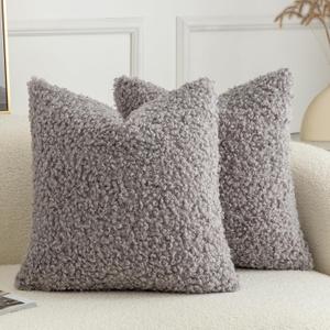 Pack of 2 Curly Teddy Wool Faux Fur Throw Pillow Covers Fuzzy Accent Soft Sherpa Pillowcases Sheepskin Fleece Decorative Cushion Case for Sofa Couch Living Room 22x22 Inch Light Grey