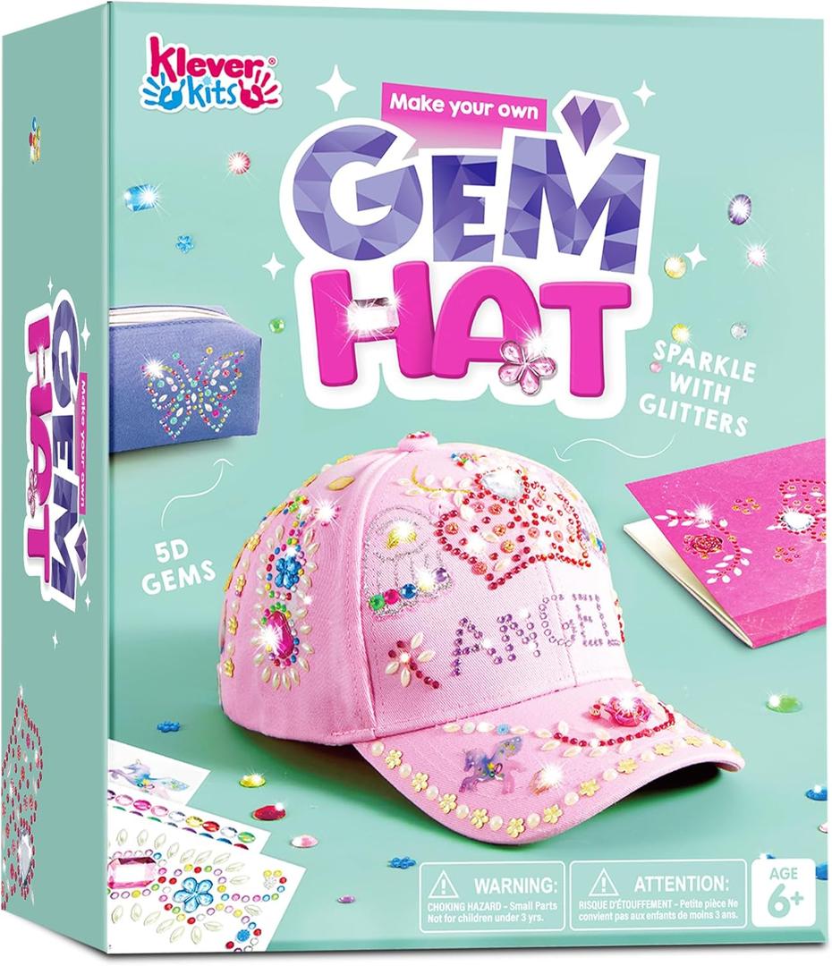 Klever Kits Decorate Your Own Baseball Cap with 7 Sheets Gems Stickers, Art & Crafts Kit for Kids, Fun Creative DIY Toys for Kids Girls