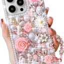 for iPhone 13 Pro Max Glitter Bling Case, Cute Luxury 3D Crystal Rhinestone Flowers Diamond Pearl with Wrist Strap Bracelet Chain Women Girls Case Cover for iPhone 13 Pro Max 6.7Inch (Pink)